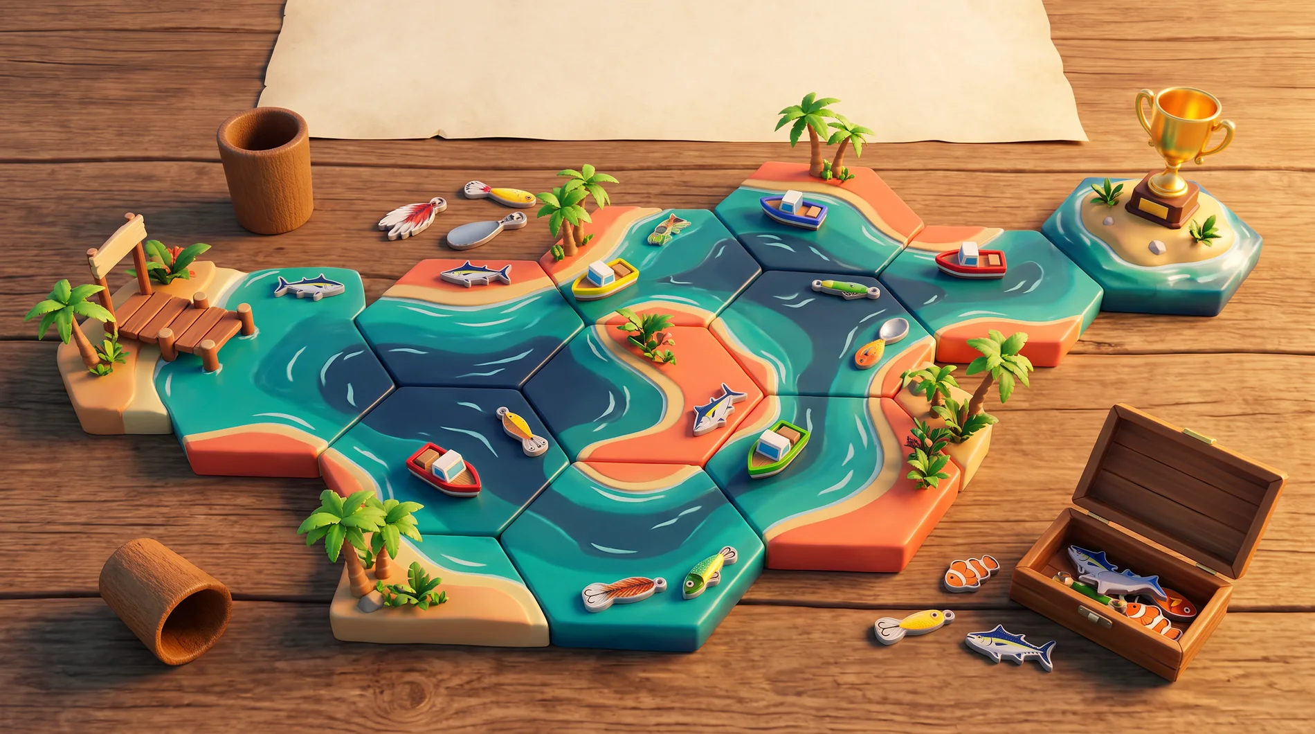 Illustrated hexagonal fishing board with boats, lures and a trophy island