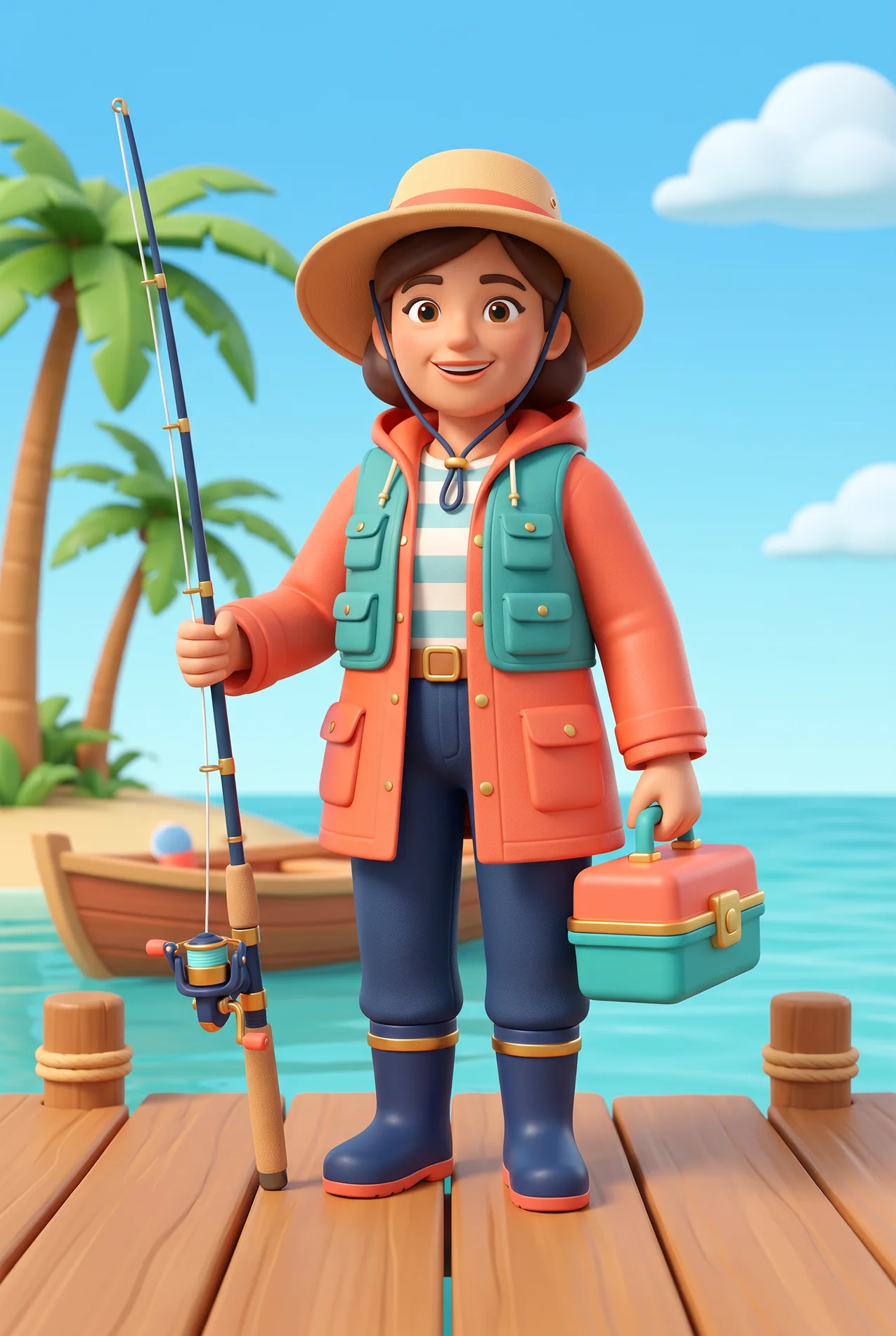 Illustrated woman angler on a tropical dock