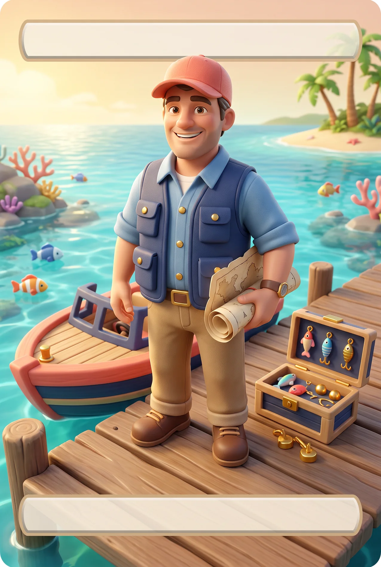 Illustrated dockhand with map and tackle box