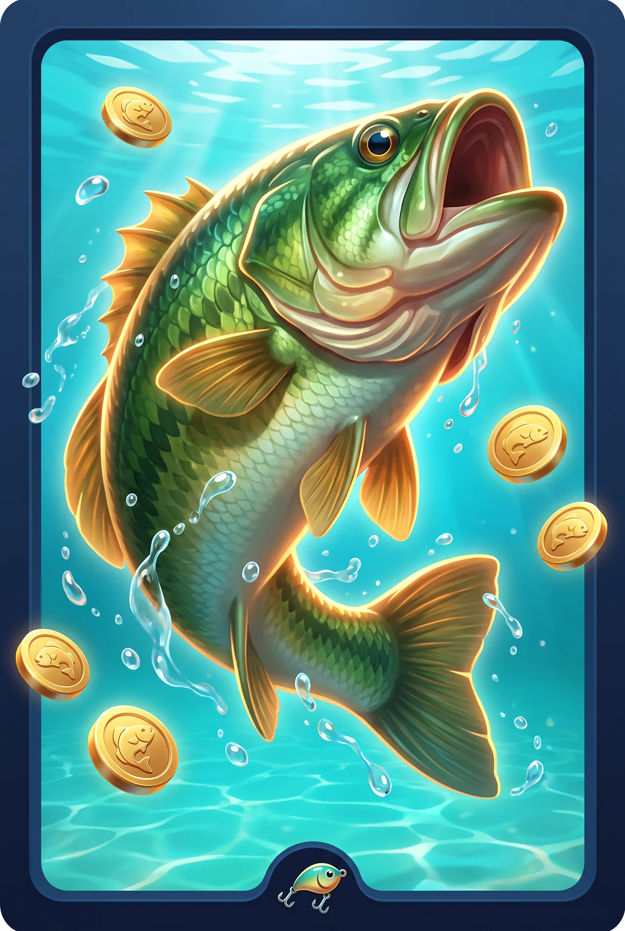 Illustrated golden bass bursting from water