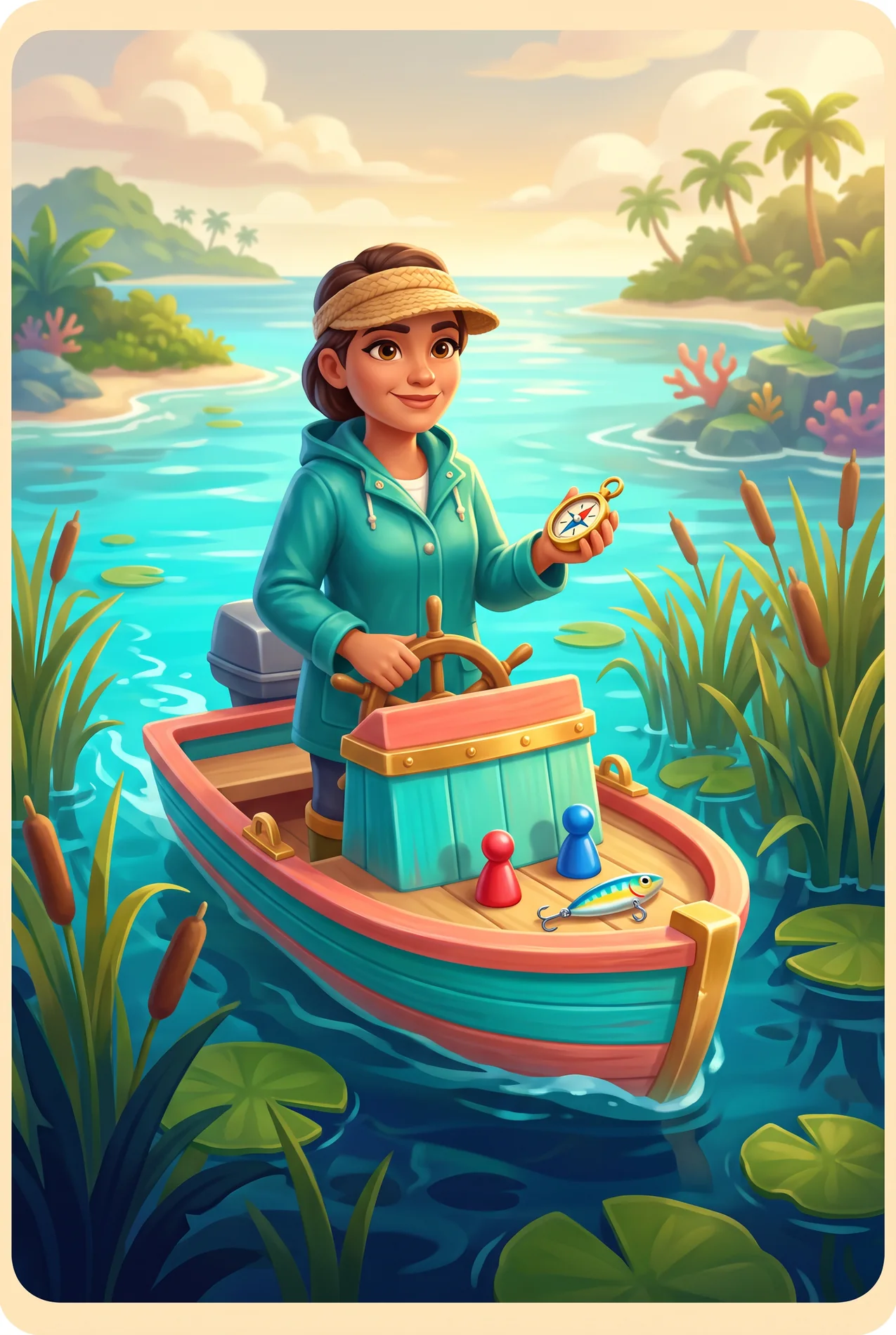 Illustrated skipper steering a boat through reeds
