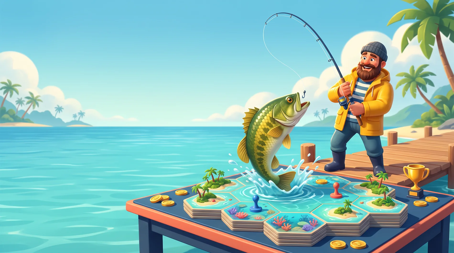 Illustrated fishing board game with a bass, trophy and game pieces