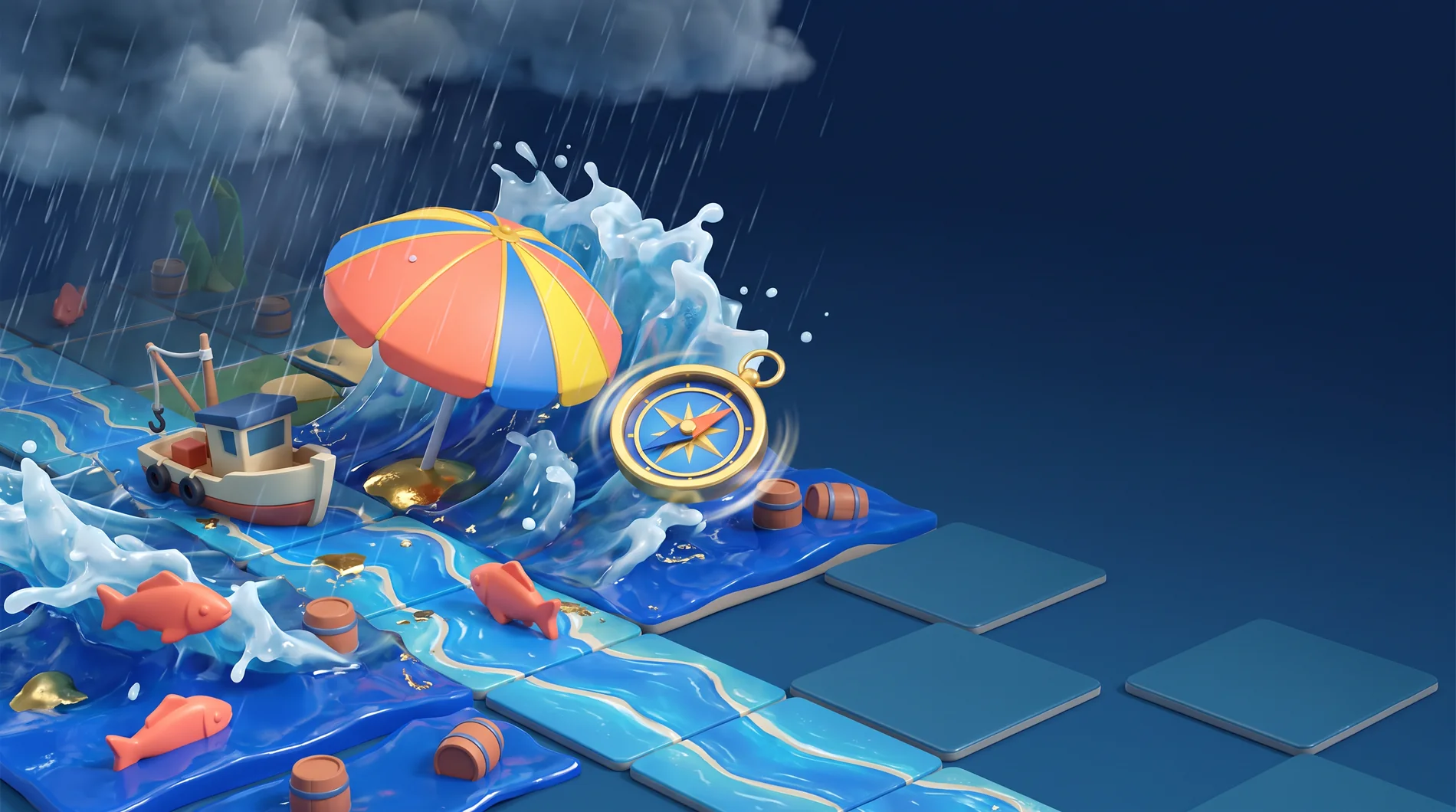 Illustrated storm event over a fishing boat and board tiles