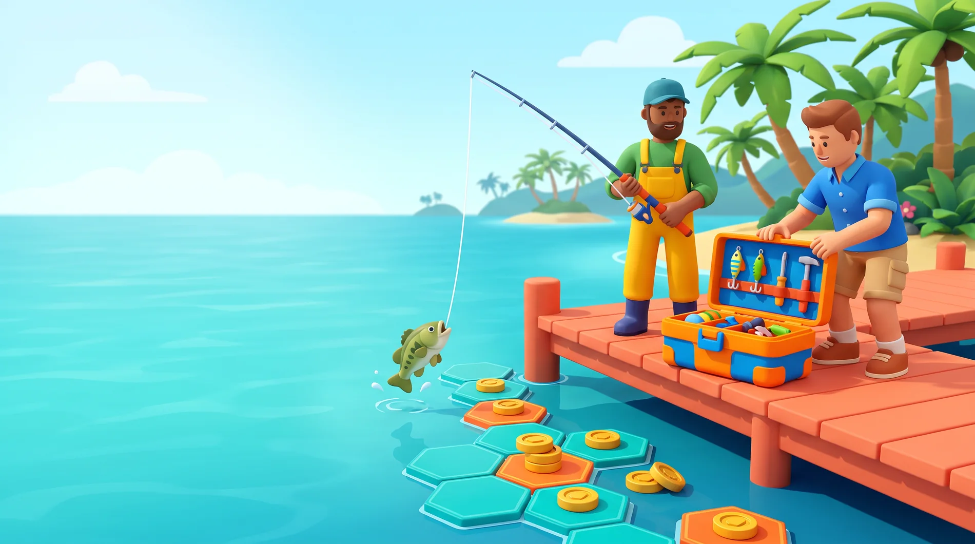 Illustrated anglers on a fishing dock with board tiles and a tackle box