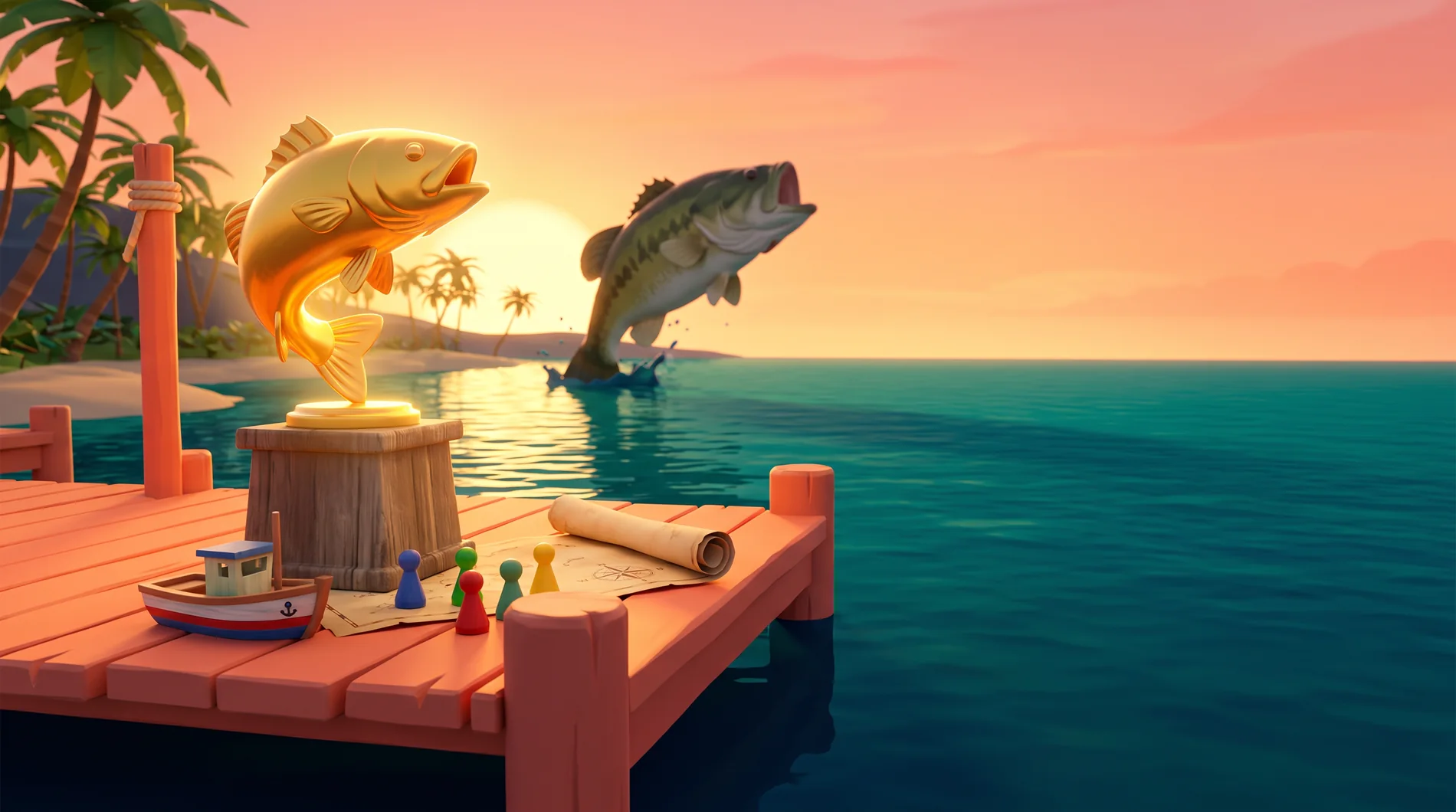 Illustrated trophy fishing dock with a gold trophy